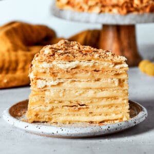 a piece of Napoleon cake on a plate