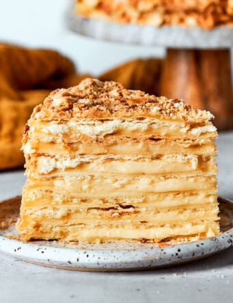 a piece of Napoleon cake on a plate
