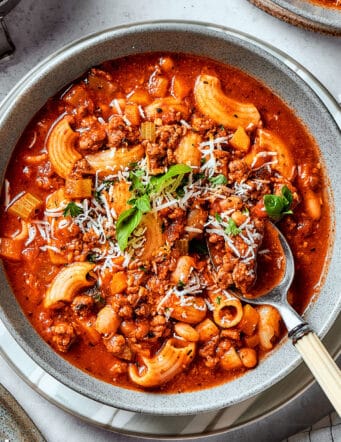 overhead photo of pasta fazool in a bowl