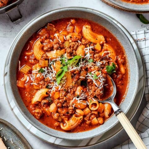 overhead photo of pasta fazool in a bowl