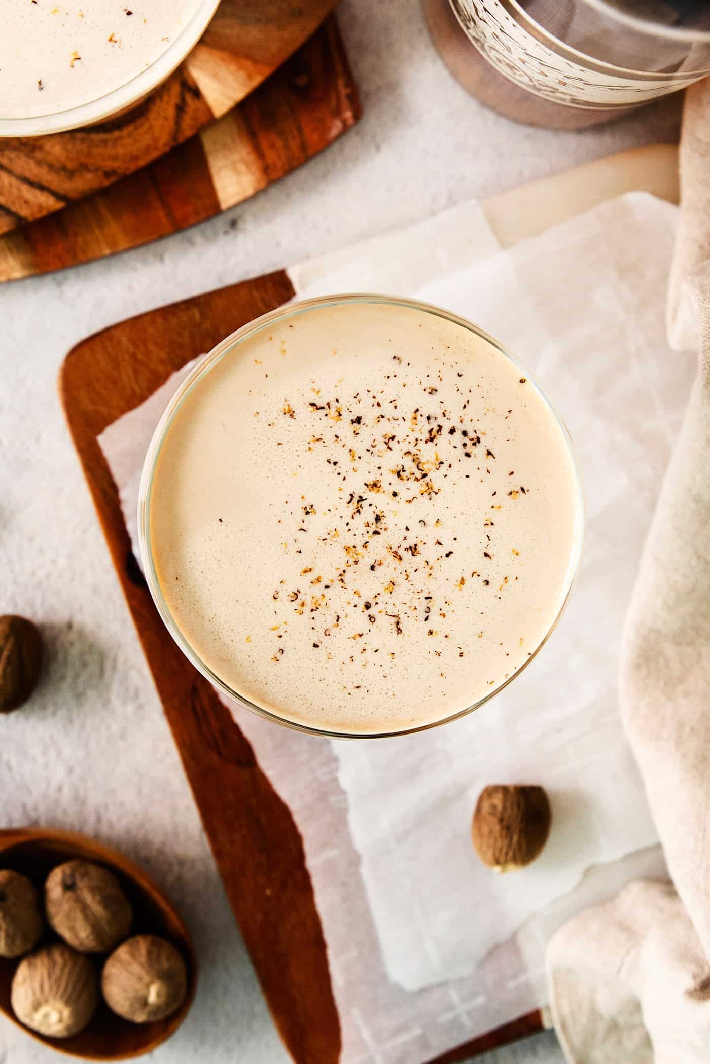 A top down shot of a glass of Brandy Alexander.