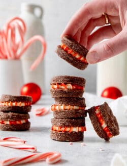 A hand picks up a chocolate cream wafer cookie from a stack of cookies, with candy canes seen in the background.