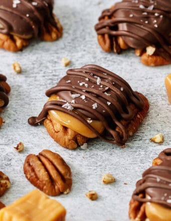 Chocolate turtles are shown on a white background.