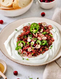 A bowl of cranberry jalapeno dip.