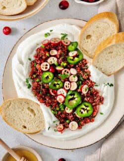 A top down shot of a bowl of cranberry jalapeno dip and slices of bread.