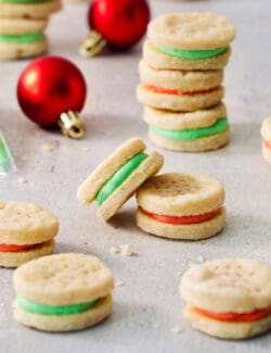 Cream wafer cookies are shown on a white background.