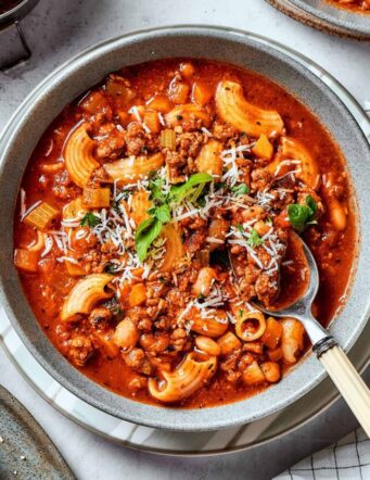 pasta fazool, with pasta and ground beef, in a bowl