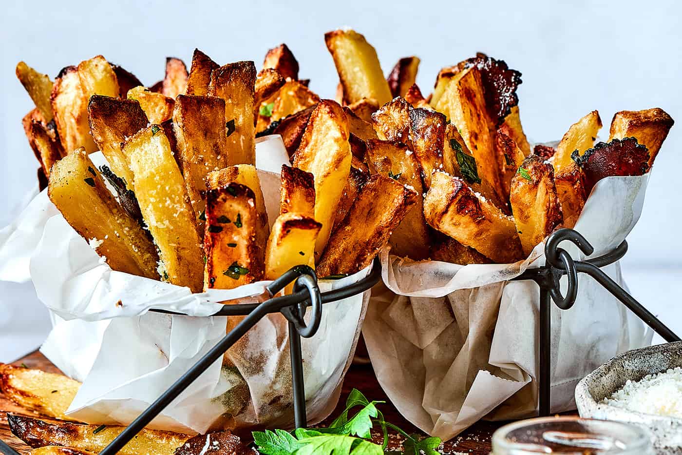 truffle fries in parchment paper baskets