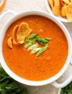 A white serving dish of chili cheese dip garnished with green onions.