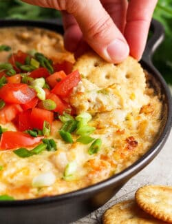 A hand dips a cracker into a tomato-topped bowl of shrimp and crab dip.