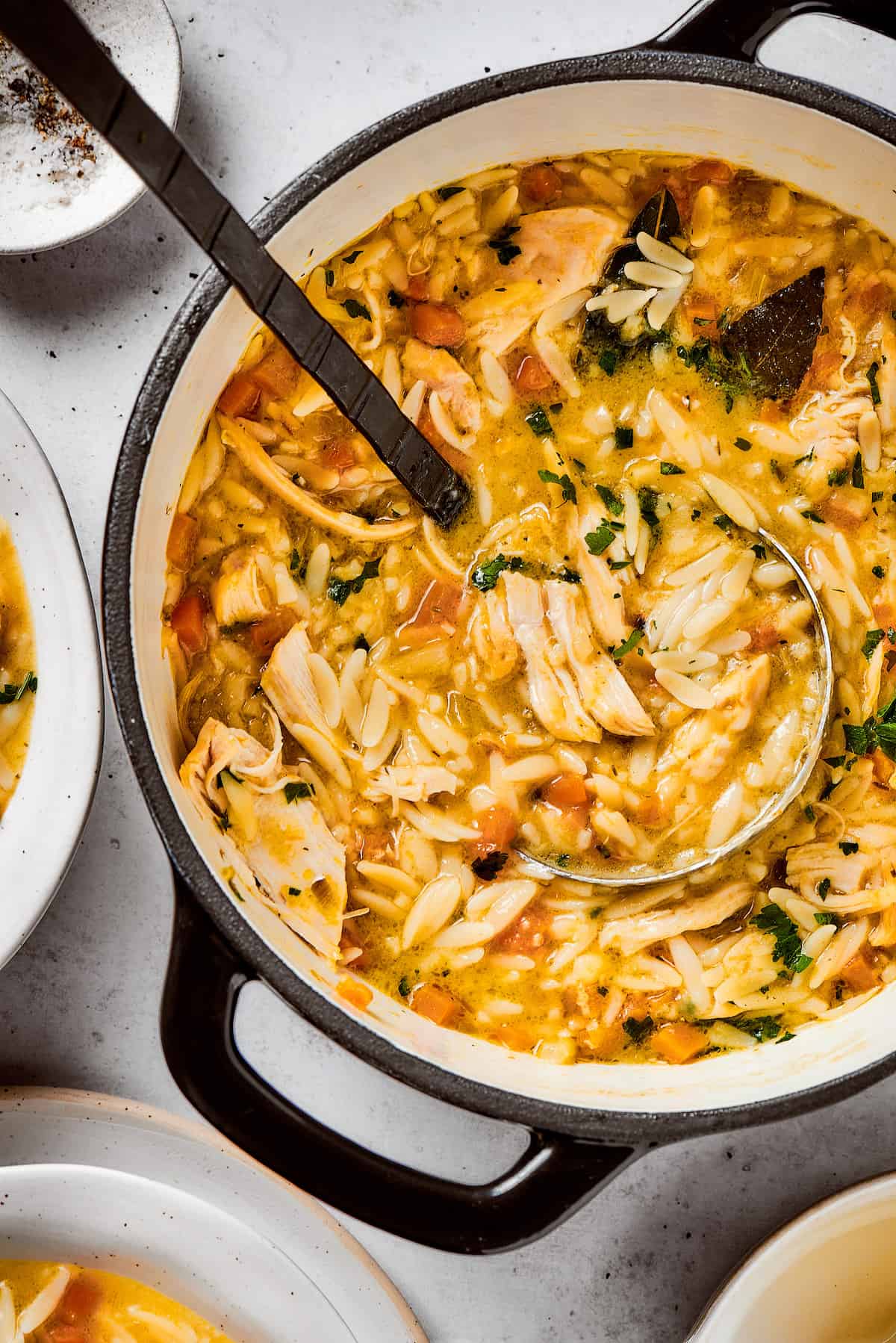 A ladle scoops out a portion of lemon chicken orzo soup from a soup pot.