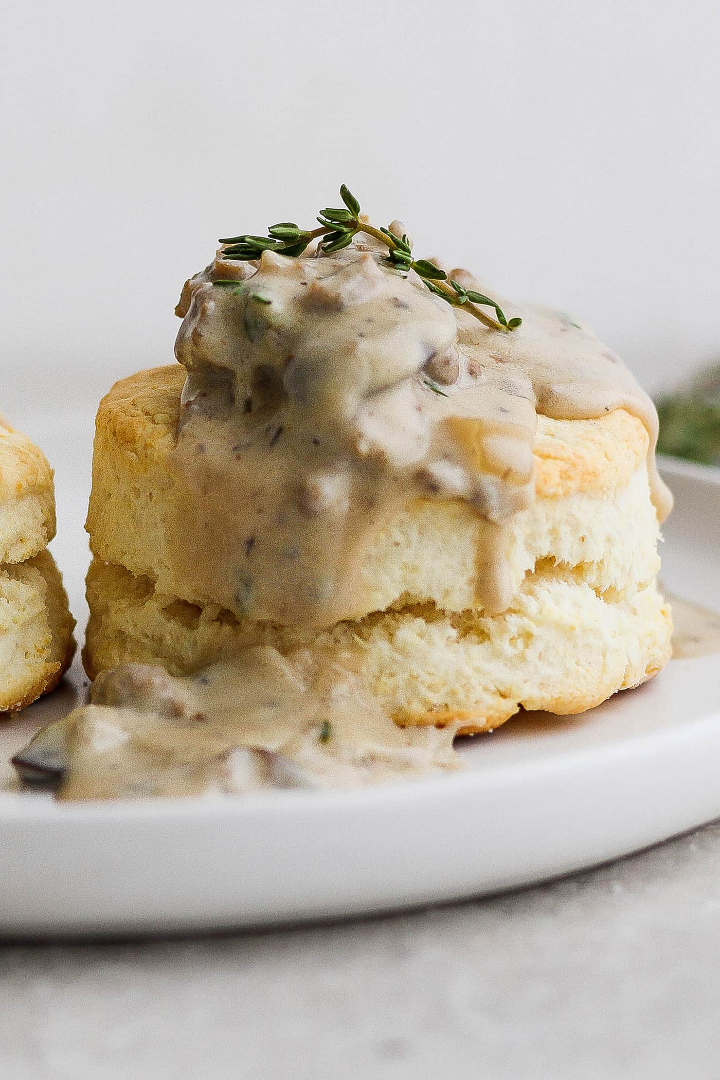 A tall biscuit is shown in a side view, topped with creamy sausage gravy.