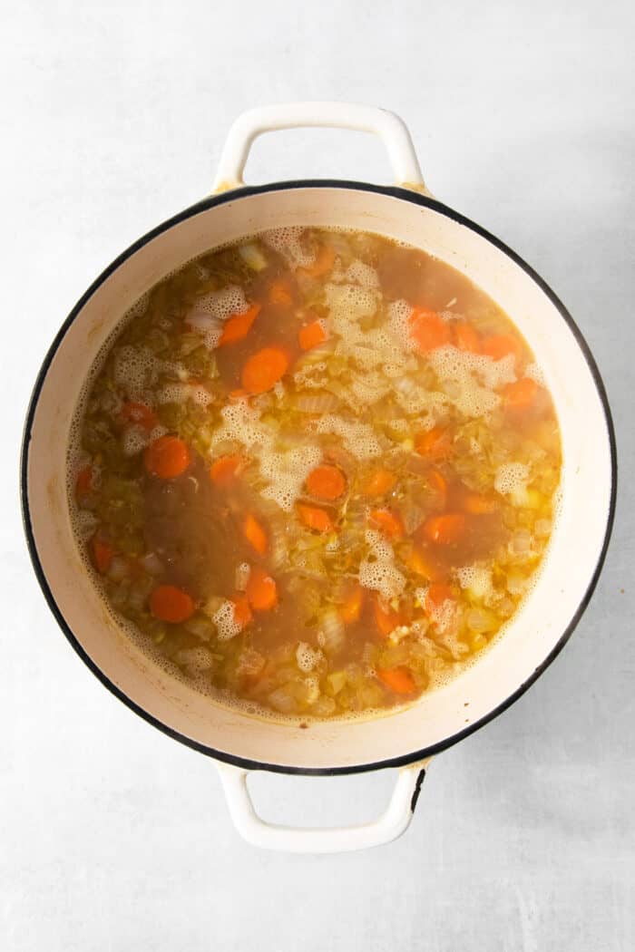 Carrots and onions are shown in the broth