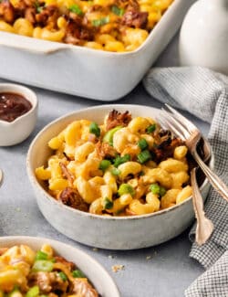 Bowls of pulled pork and cheese on a table with a pan of mac and cheese in the background.