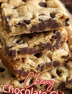 Pinterest image for chewy chocolate chip cookie bars