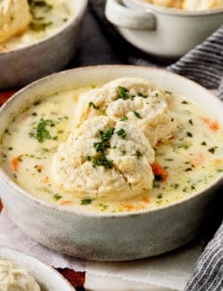 Tender biscuits atop a bowl of chicken pot pie soup.