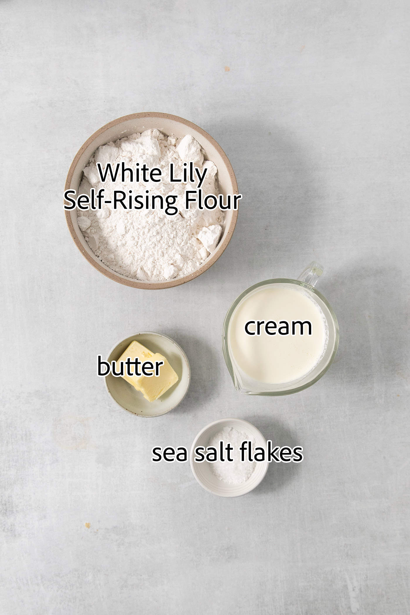 Biscuit ingredients are shown portioned out: flour, utter, cream, salt.
