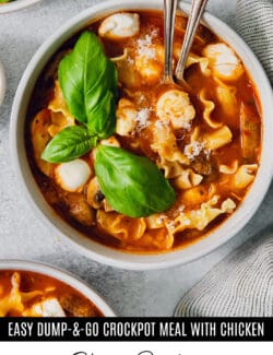 Pinterest image for slow cooker lasagna soup with chicken