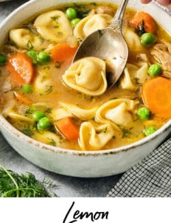 Pinterest image for lemon chicken tortellini soup