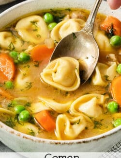 Pinterest image for lemon chicken tortellini soup