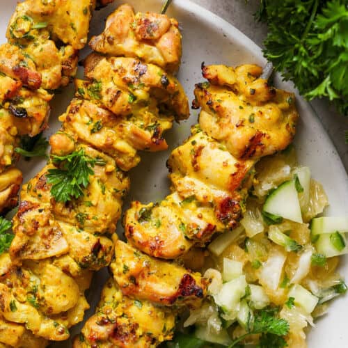 A plate of Chicken Kabobs with Meyer Lemon Salsa.