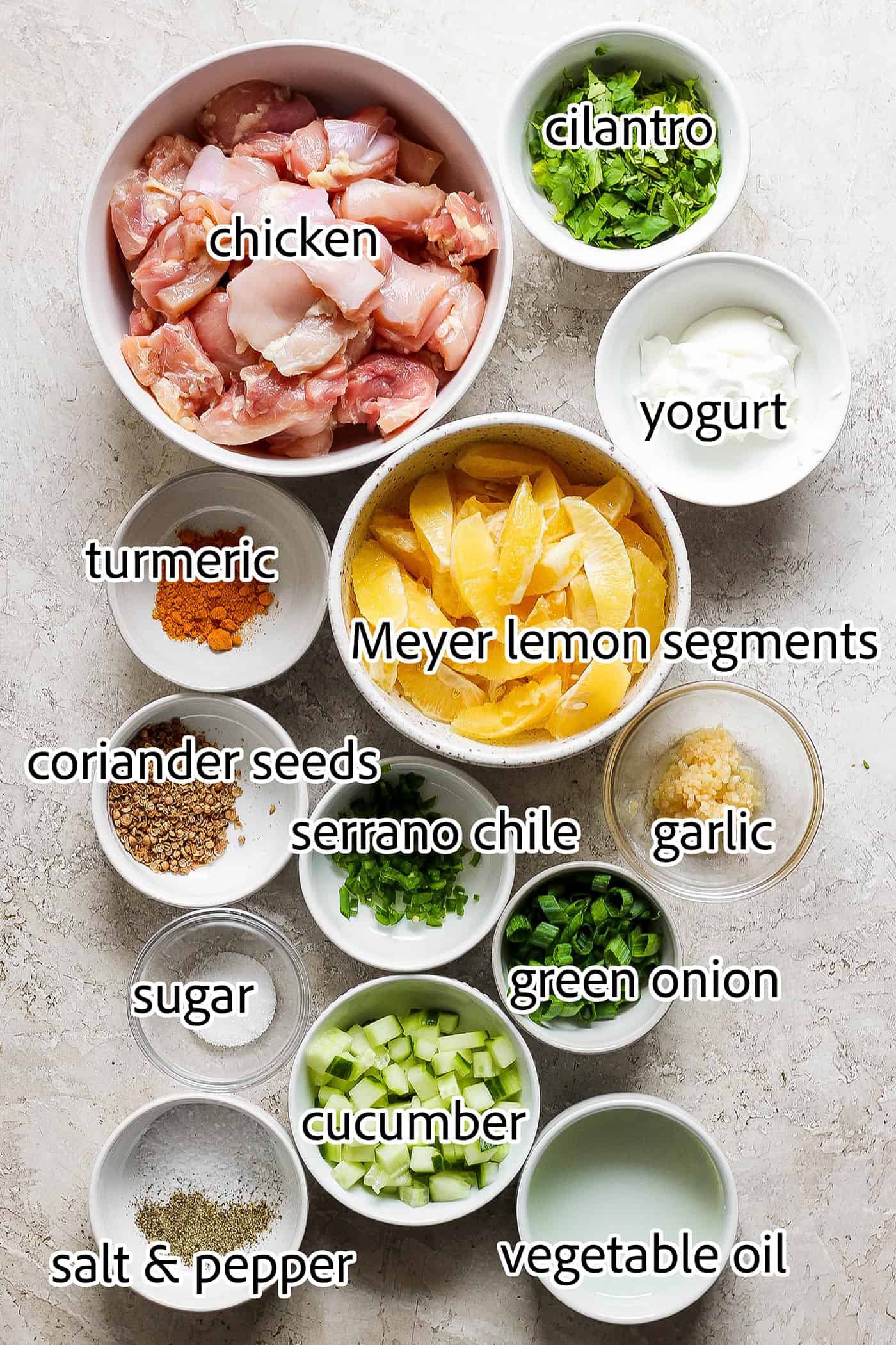 Ingredients for A plate of Chicken Kabobs with Meyer Lemon Salsa are shown: chicken, Meyer lemon, coriander seeds, turmeric, yogurt, salt, serrano chile, green onions, garlic, sugar, vegetable oil, cucumber, cilantro.