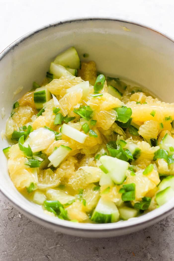 Meyer lemon salsa in a bowl, topped with chopped cilantro.