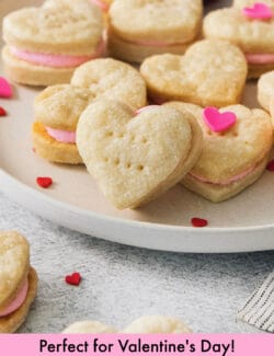 Pinterest image for strawberry flavored cream wafer cookies for Valentine's Day