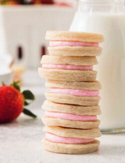 Pinterest image for strawberry flavored cream wafer cookies