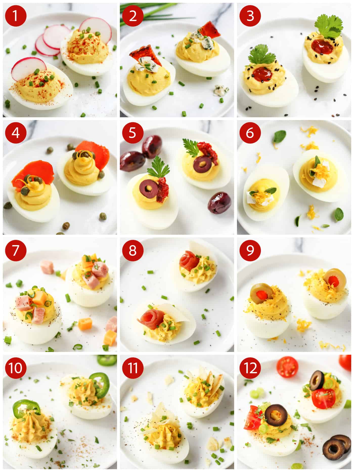 a photo collage showing 12 different flavor variations for deviled eggs