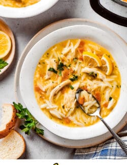 Pinterest image for lemon chicken orzo soup