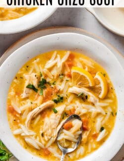 Pinterest image for lemon chicken orzo soup