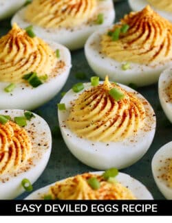 Pinterest image for easy deviled eggs recipe + 12 ways to garnish