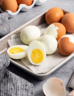 easy peel hard boiled eggs on a rimmed pan