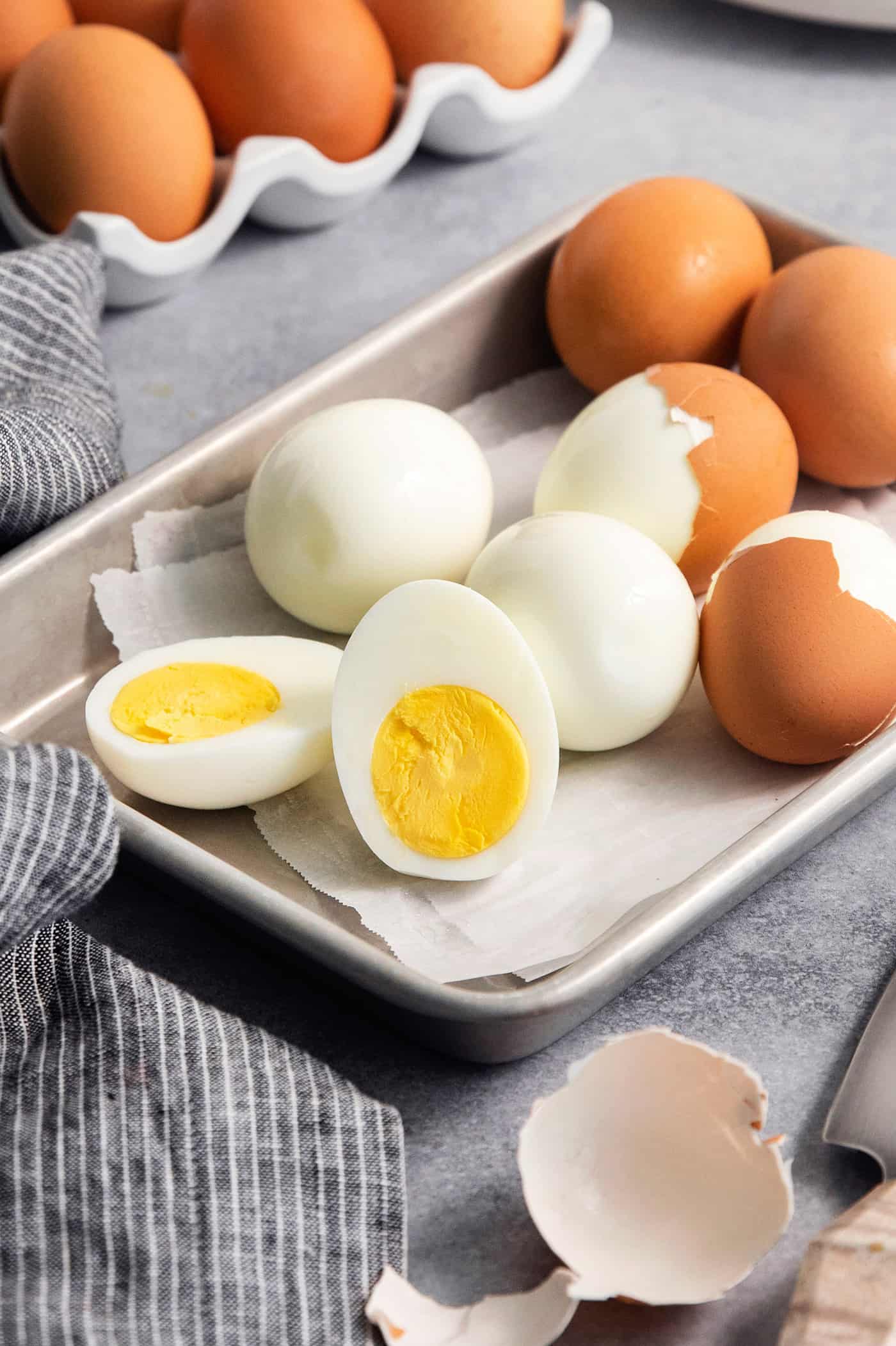 easy peel hard boiled eggs on a rimmed pan