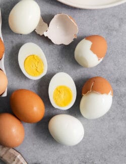 hard boiled eggs that are easy to peel, on a gray counter