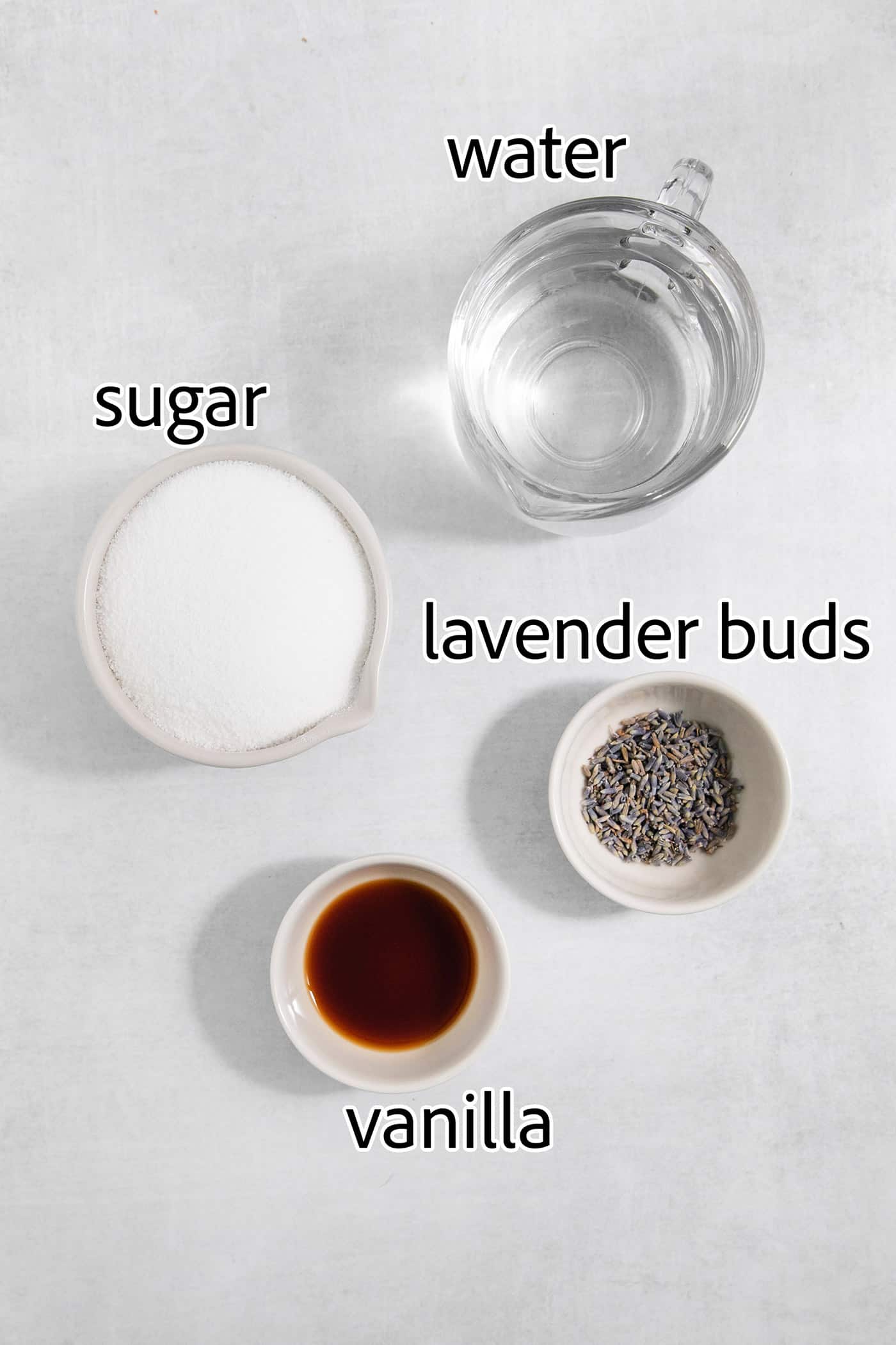 ingredients to make lavender simple syrup: water, sugar, dried lavender buds, vanilla