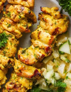 Pinterest image for grilled chicken kabobs with Meyer lemon salsa