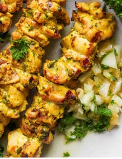 Pinterest image for grilled chicken kabobs with Meyer lemon salsa