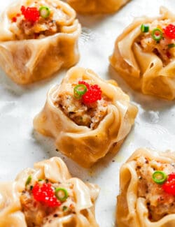 A tray of shrimp shumai.