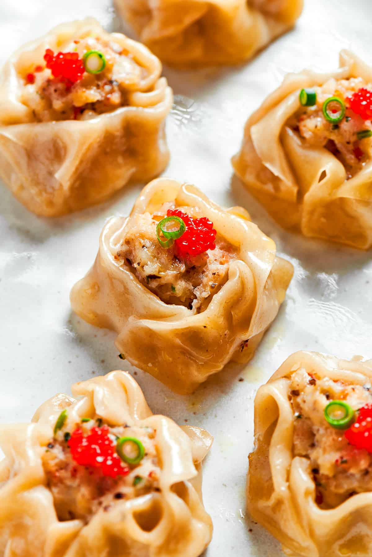 A tray of shrimp shumai.