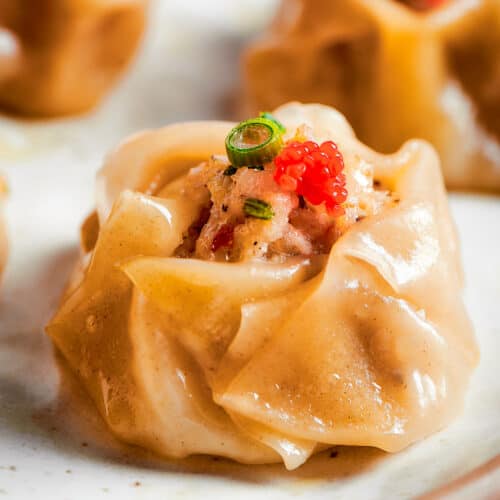 A shrimp shumai dumpling is shown in a side view close up.