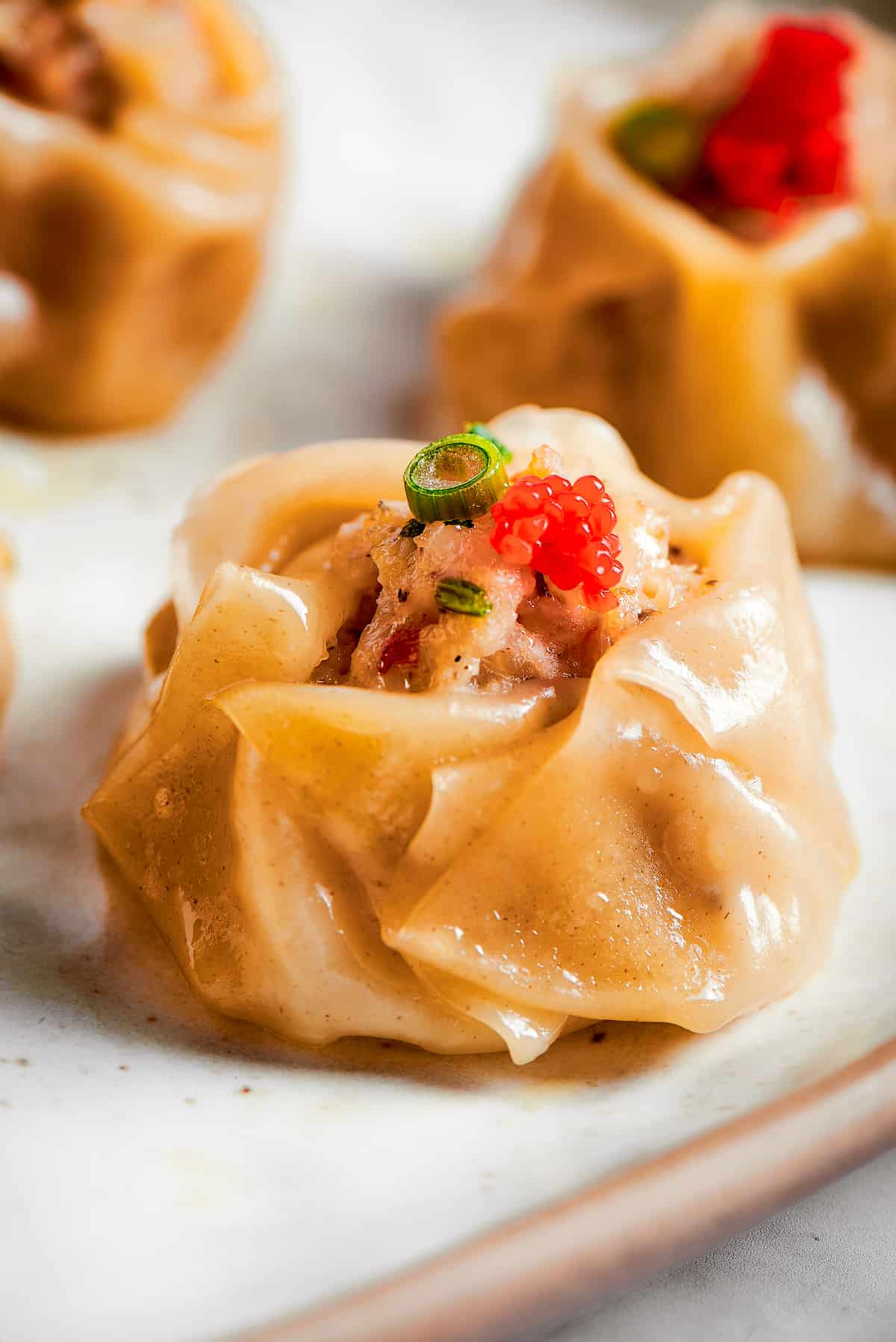 A shrimp shumai dumpling is shown in a side view close up.