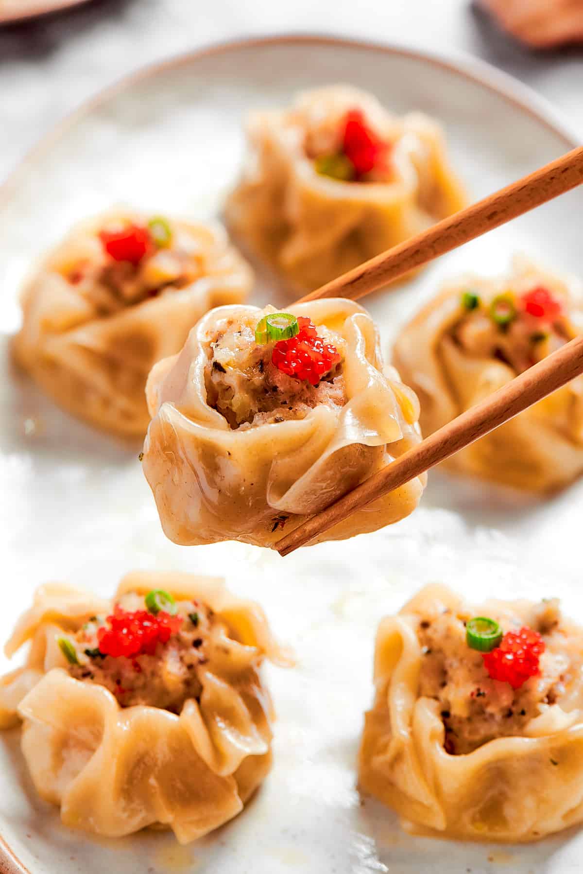 Shrimp shumai on a plate with a pair of chopsticks holding one piece above the plate.