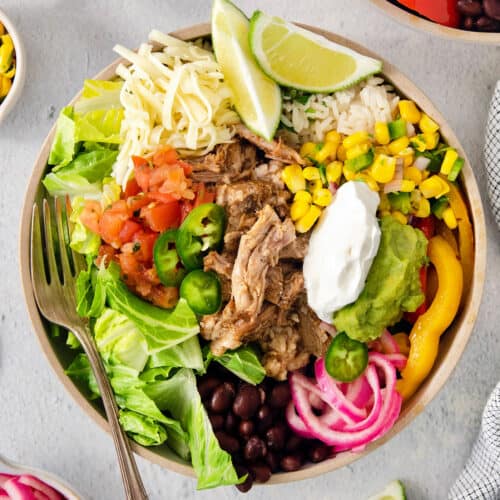 A colorful carnitas burrito bowl surrounded by toppings.