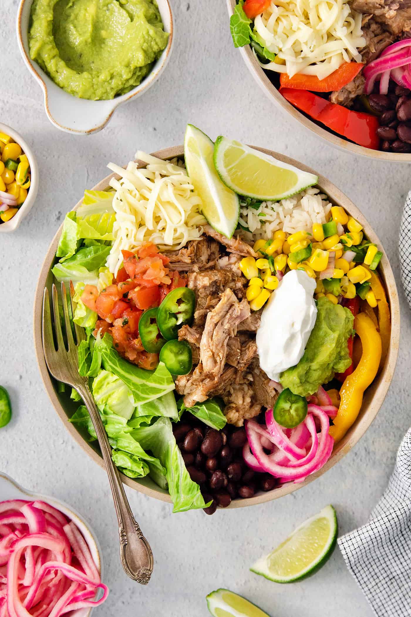 A colorful carnitas burrito bowl surrounded by toppings.