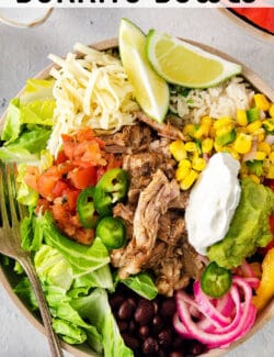 Pinterest image for carnitas burrito bowls