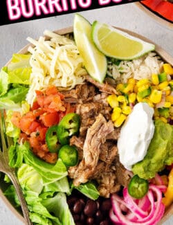 Pinterest image for carnitas burrito bowls