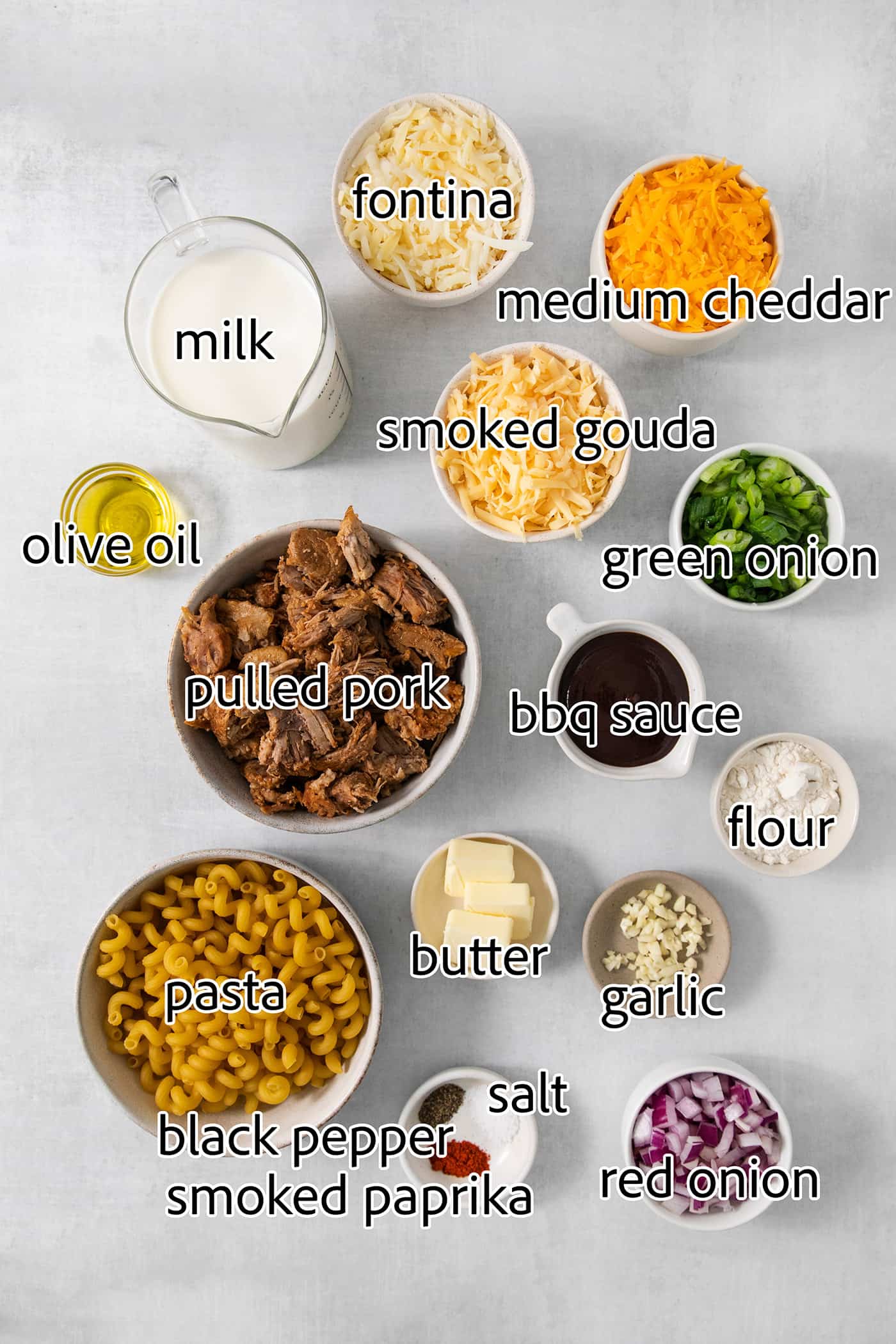 ingredients to make pulled pork mac and cheese