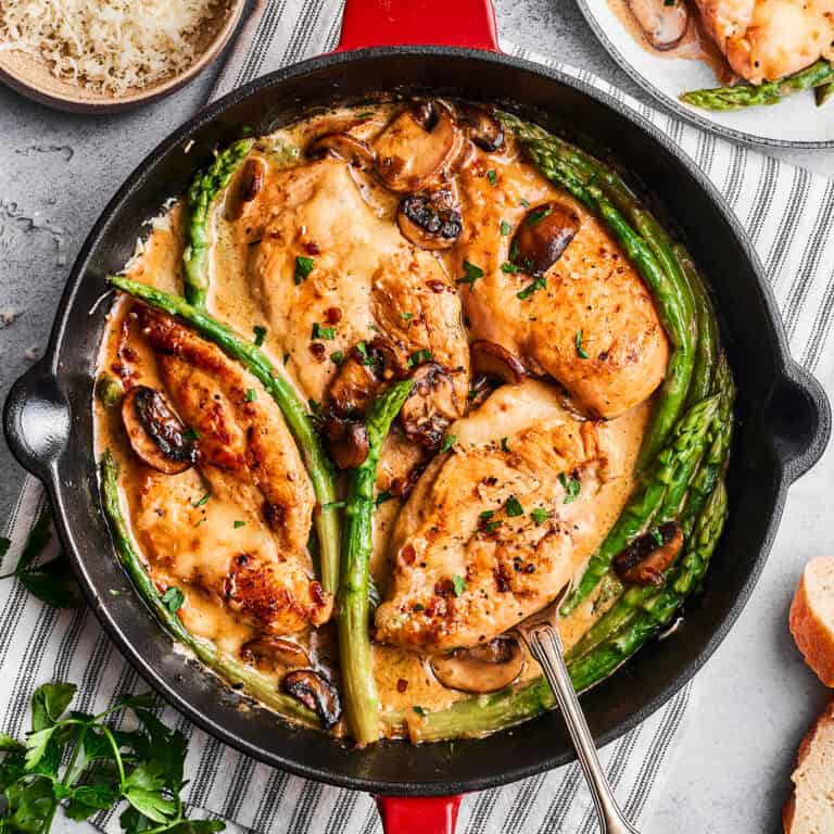 overhead photo of Chicken Madeira in a skillet